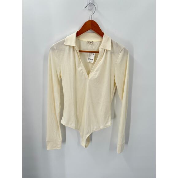 FREE PEOPLE NWT Do It Right Ribbed Long Sleeve Collar Bodysuit in Ivory // Large - Picture 5 of 12